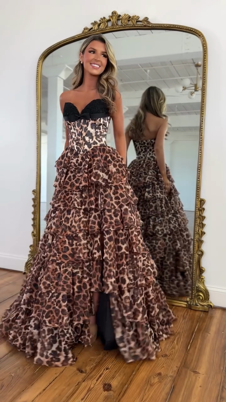 Leopard - Print Strapless Tiered Ball Gown