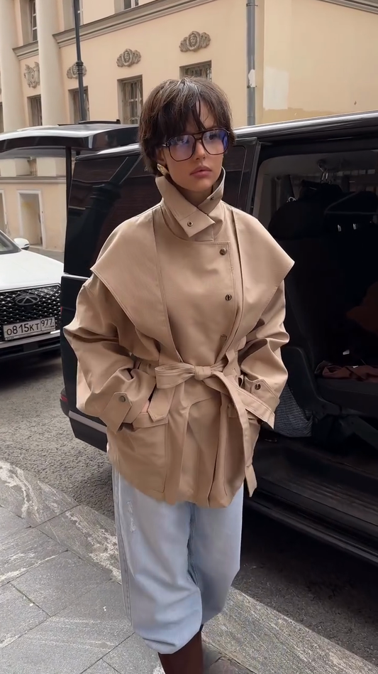 Beige Belted Trench Coat with Cape - like Overlay
