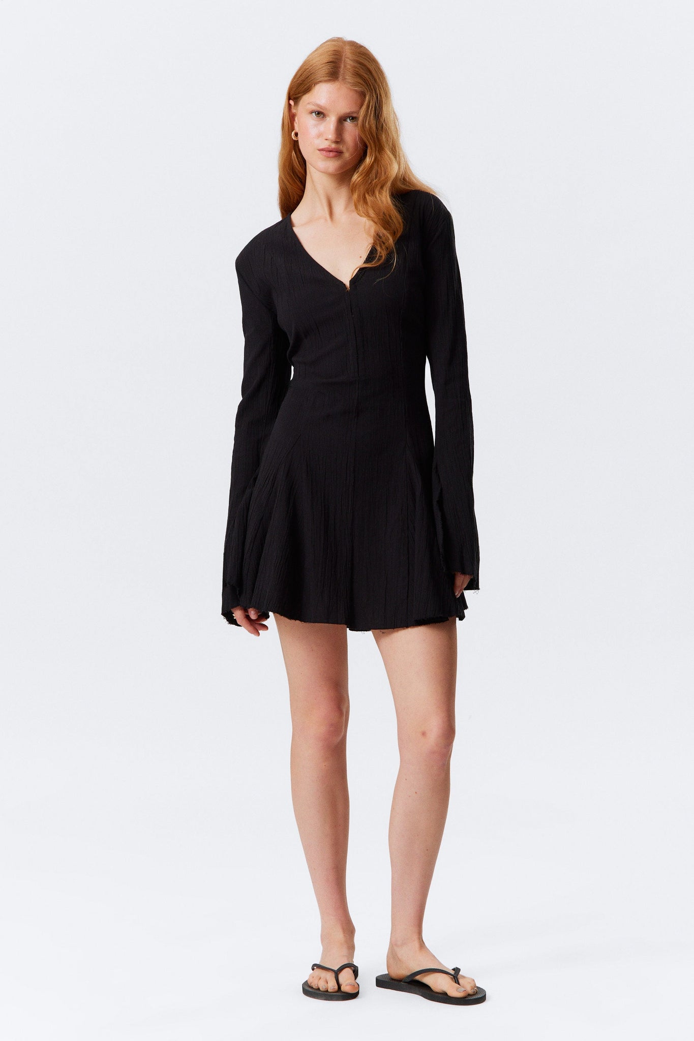 Black Long - Sleeve V - Neck Mini Dress