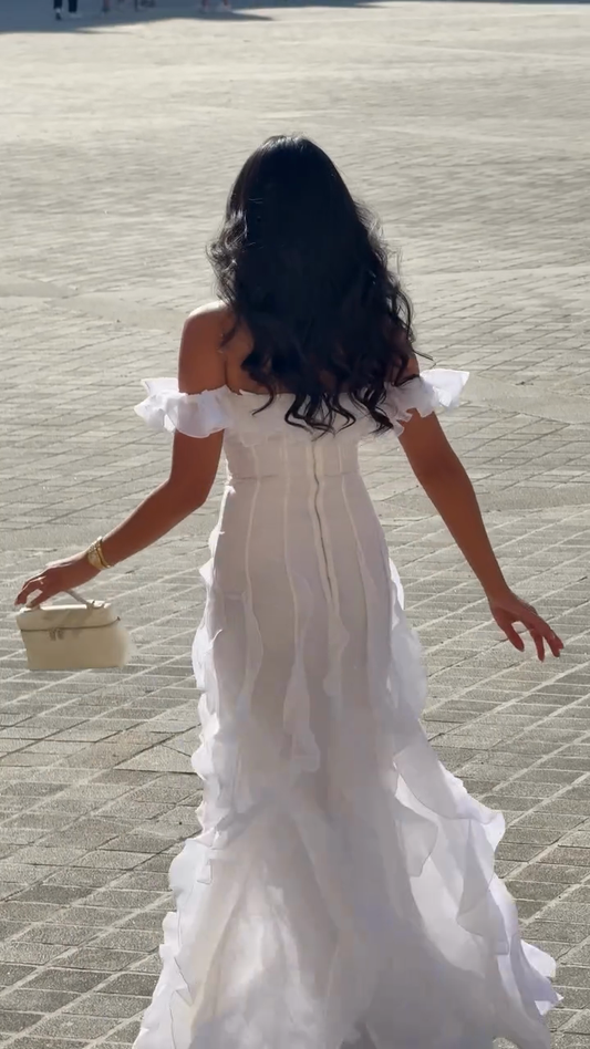 Off - Shoulder Ruffled White Maxi Dress