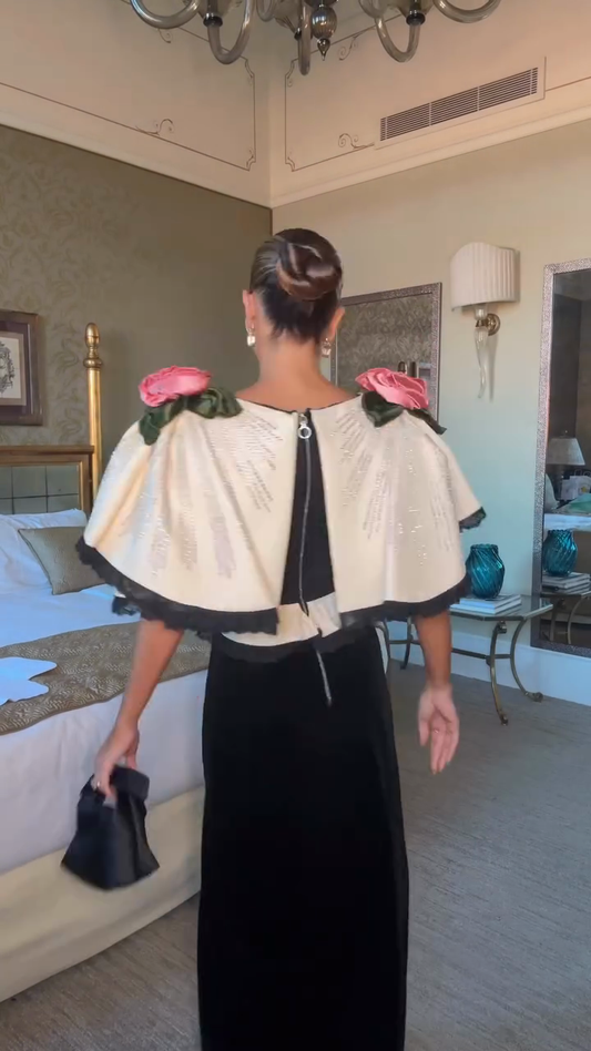 Contrast - Trim Floral Shoulder Midi Dress