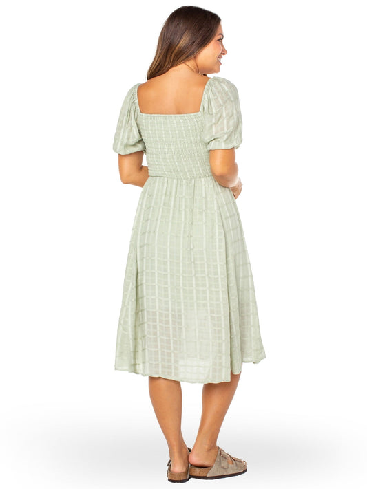 Green Checkered Smocked Midi Dress