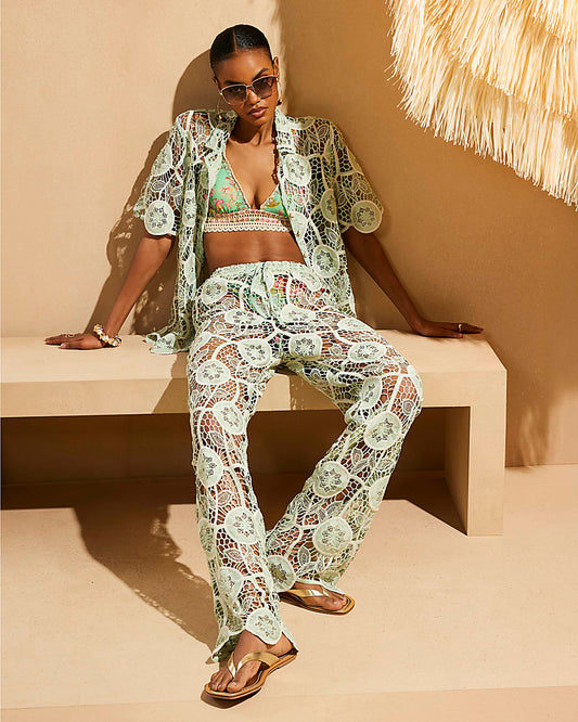 Green Lace Long-Sleeved Shirt and Trousers Set