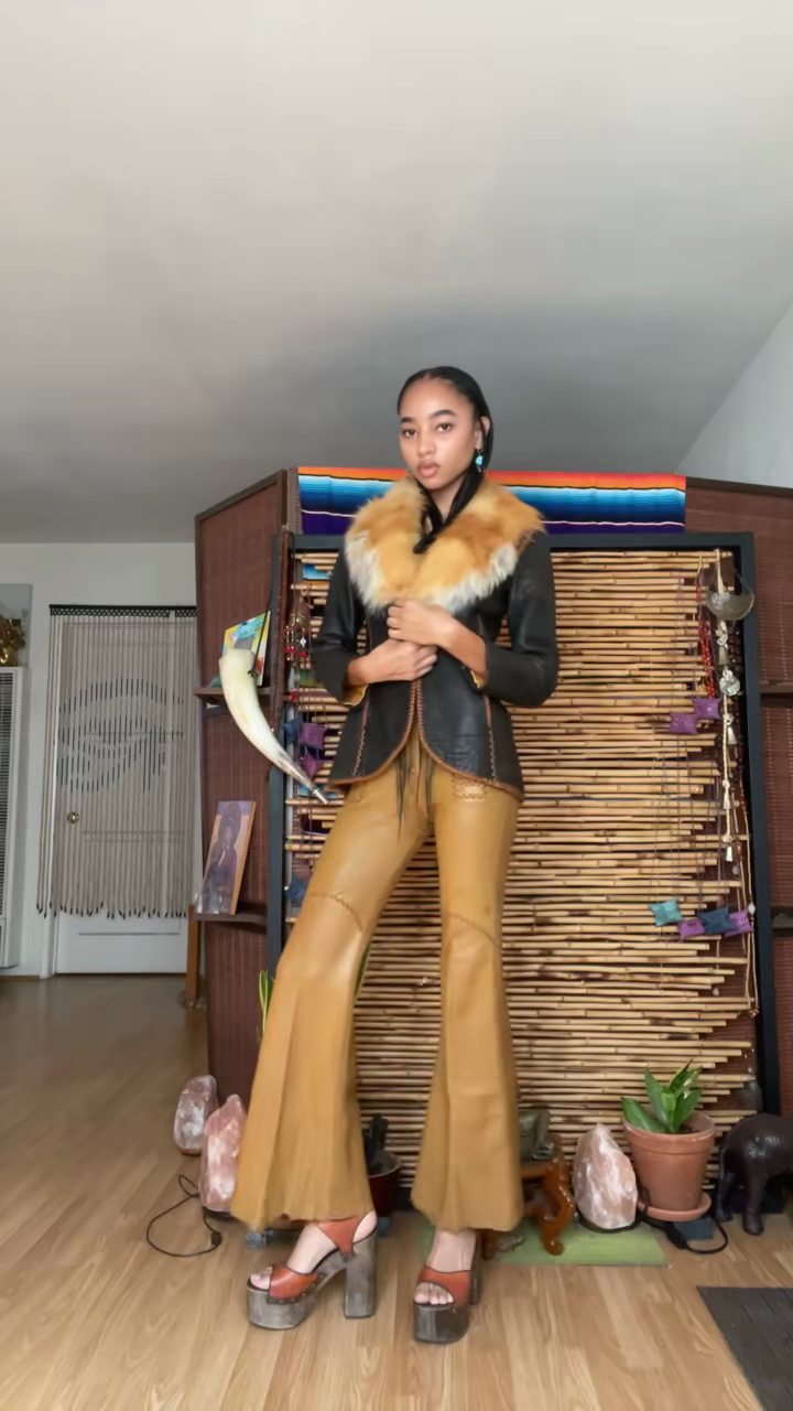 Black Leather Jacket with Yellow Fur Collar