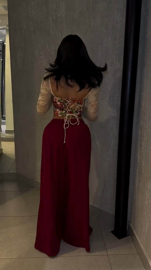 Floral Lace Corset Top and Burgundy Wide - Leg Pants Set