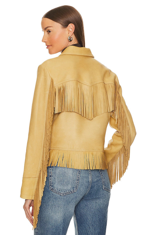 Light Yellow Fringe Leather Jacket