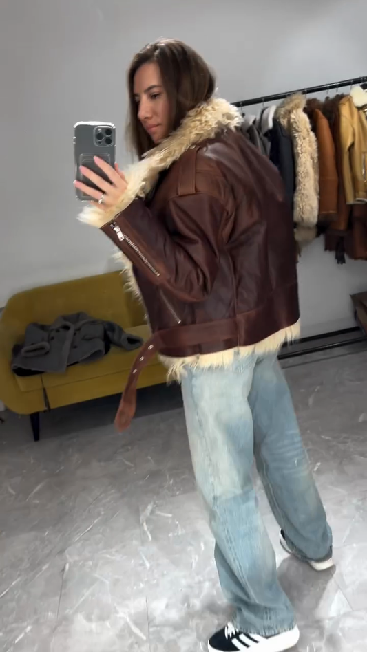 Brown Shearling - Collared Leather Jacket