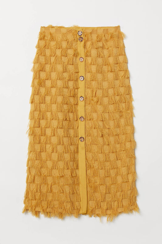 Mustard Yellow Fringe - Detailed Button - Front Skirt
