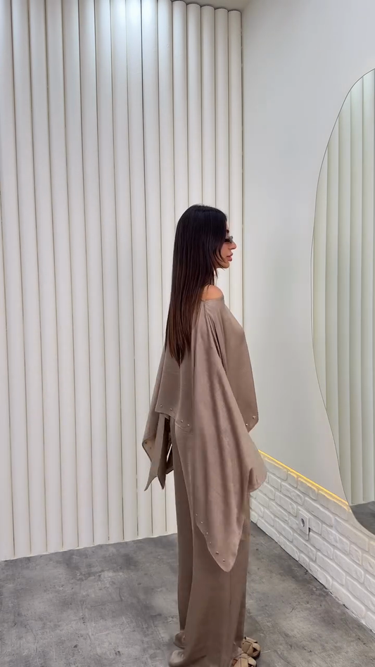 Beige Off - Shoulder and High - Waisted Pants Set