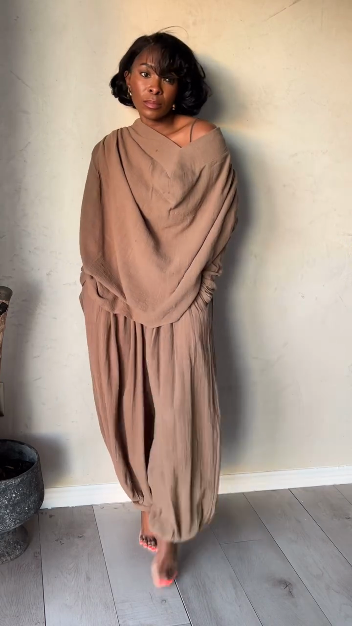 Taupe Off - the - Shoulder Top and Baggy Pants Set