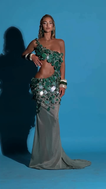 Green One - Shoulder Sequin and Disc Embellished Gown