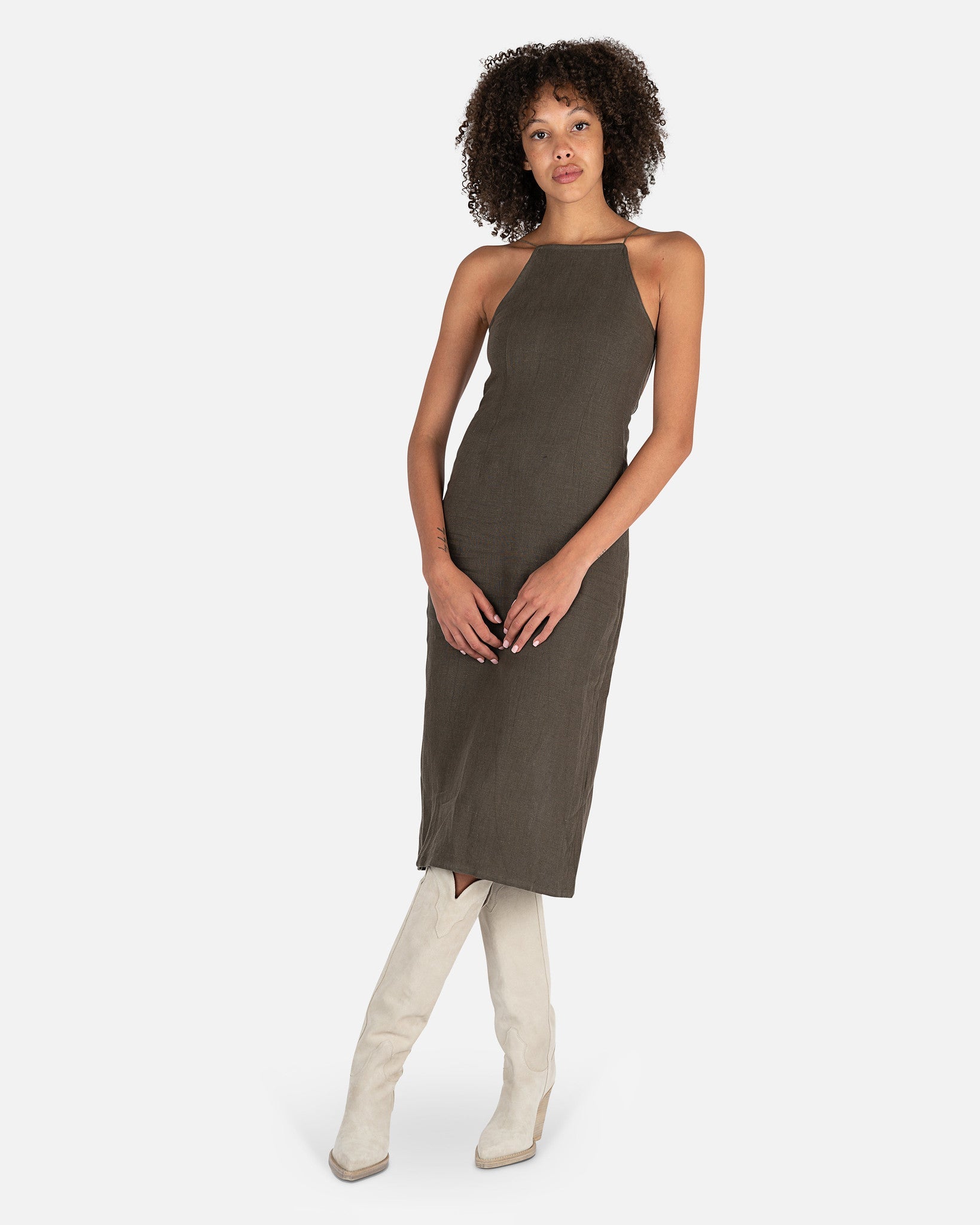Brown Linen Halter Neck Midi Dress