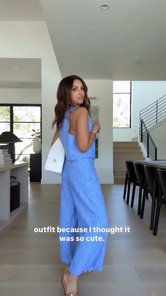 Blue Linen Sleeveless Vest and Wide - Leg Pants Set