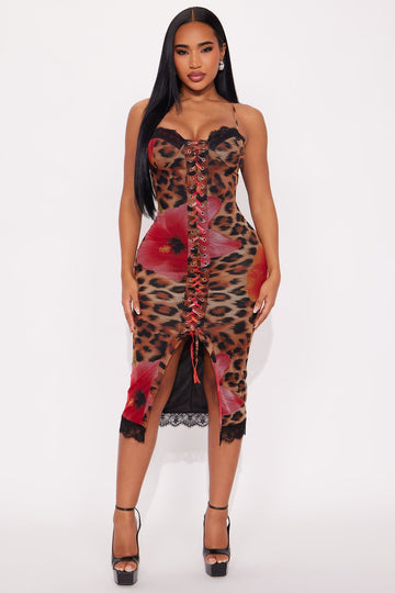 Leopard - Print Floral Dress with Lace Trim