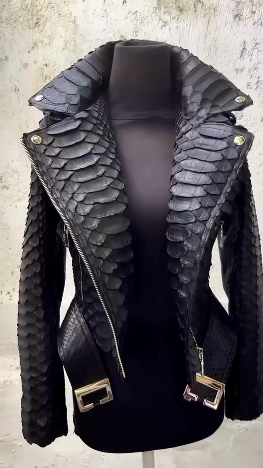 Black Faux - Snakeskin Leather Biker Jacket