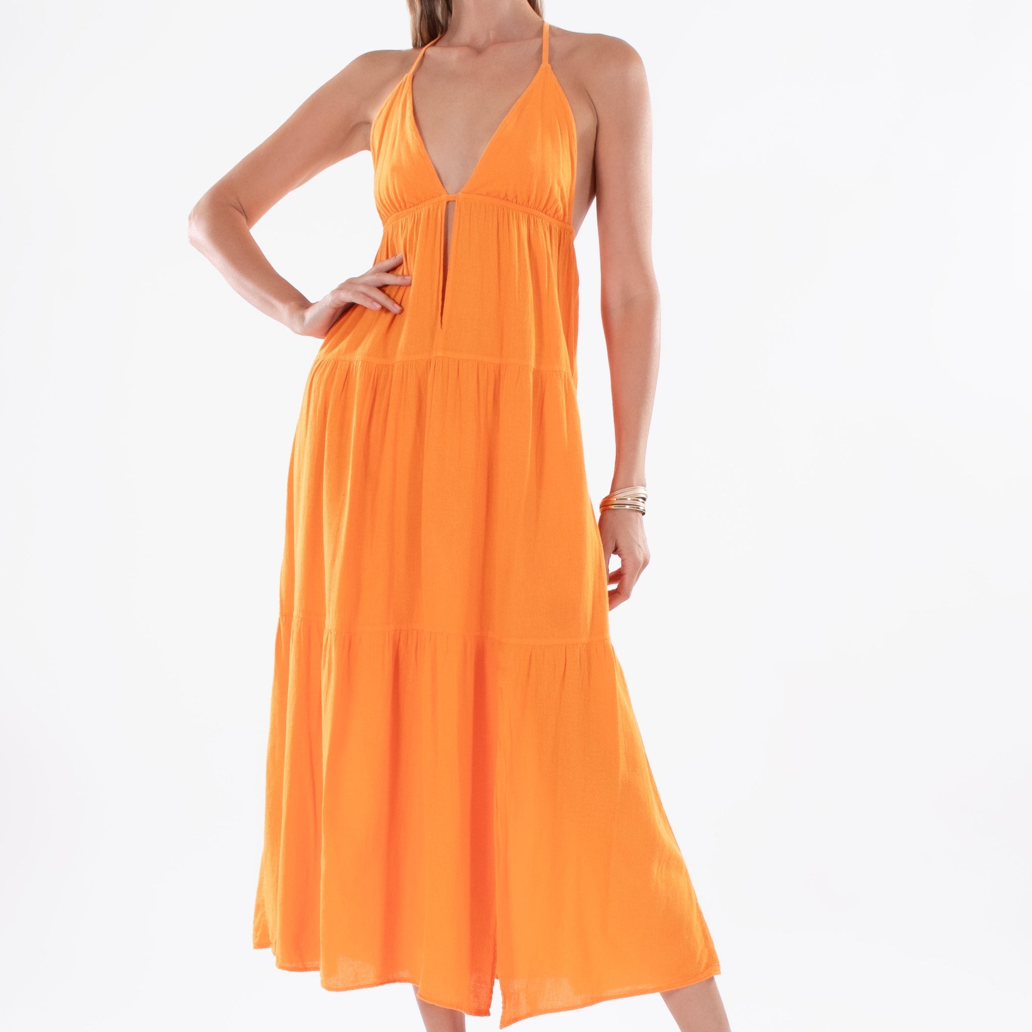 Orange Halter - Neck Tiered Maxi Dress