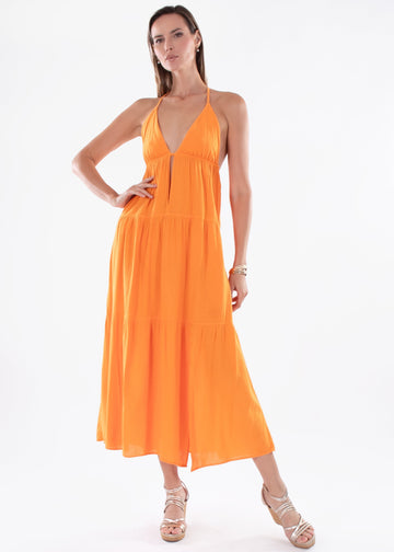 Orange Halter - Neck Tiered Maxi Dress