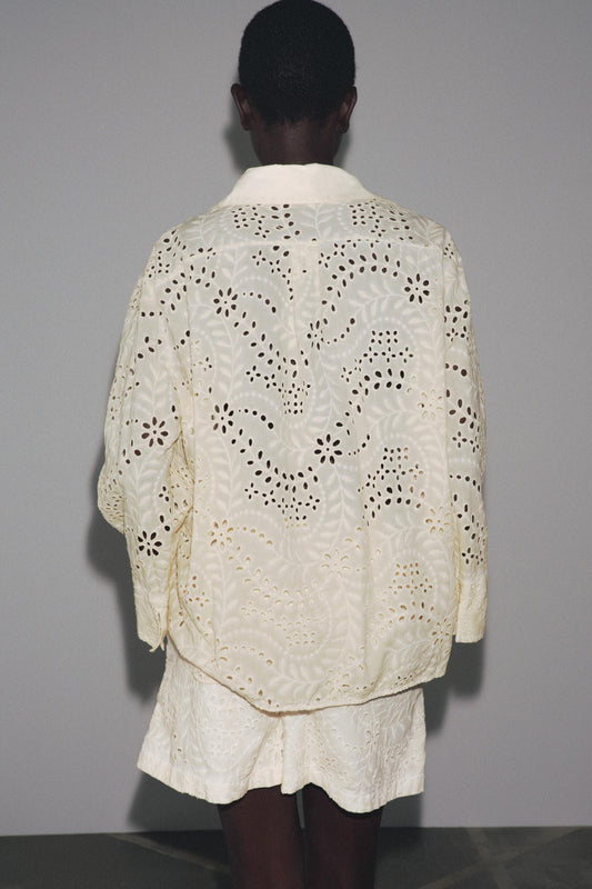Off - White Eyelet Embroidered Shirt and Shorts Set