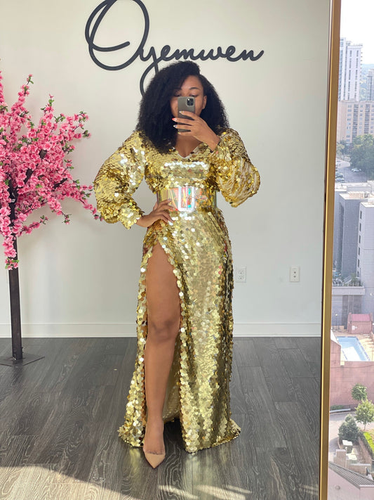 Gold Sequin Long - Sleeve Maxi Dress