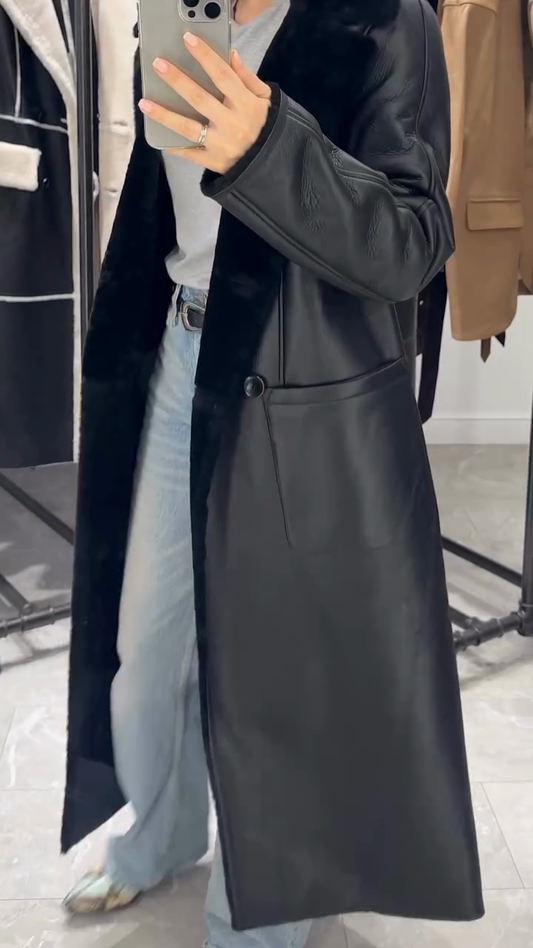 Black Shearling - Collar Leather Trench Coat