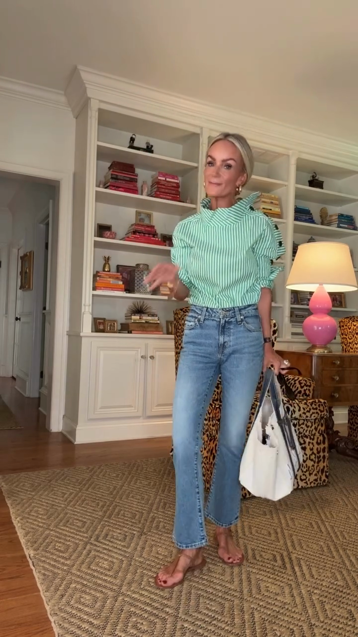 Green and White Striped High - Neck Blouse